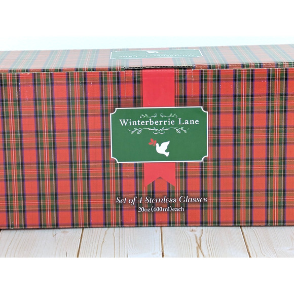 Winterberrie Lane Christmas Stemless Glasses 20 oz Set of 4 Plaid Holiday NIB - Picture 8 of 9
